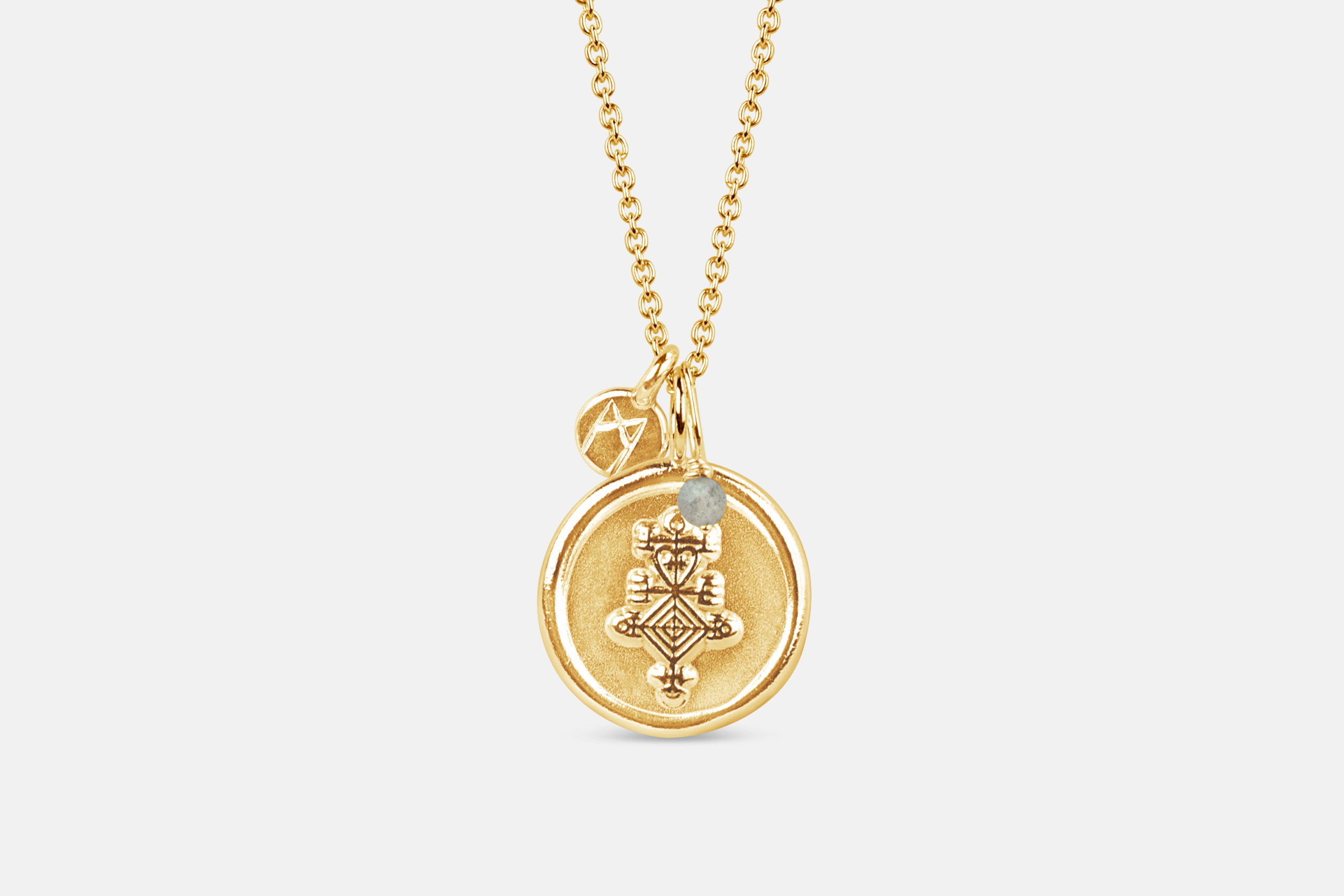Astarstafur gold magic stave necklace with rune symbol