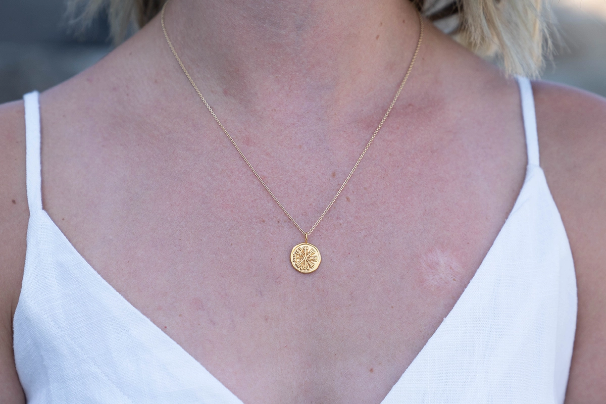 solid gold vegvisir pendant necklace