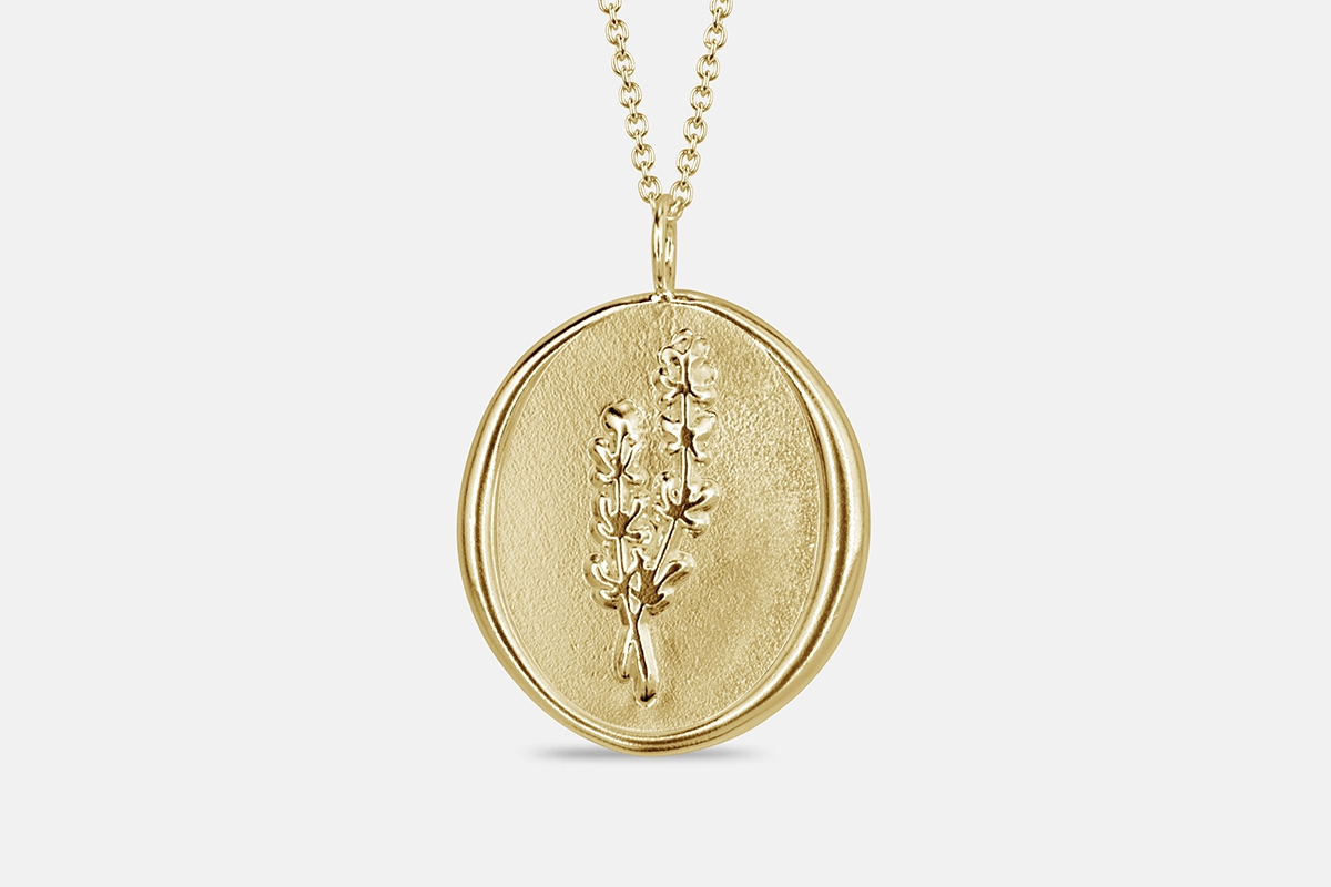 14k gold aromatherapy necklace with thyme for calm and serenity.