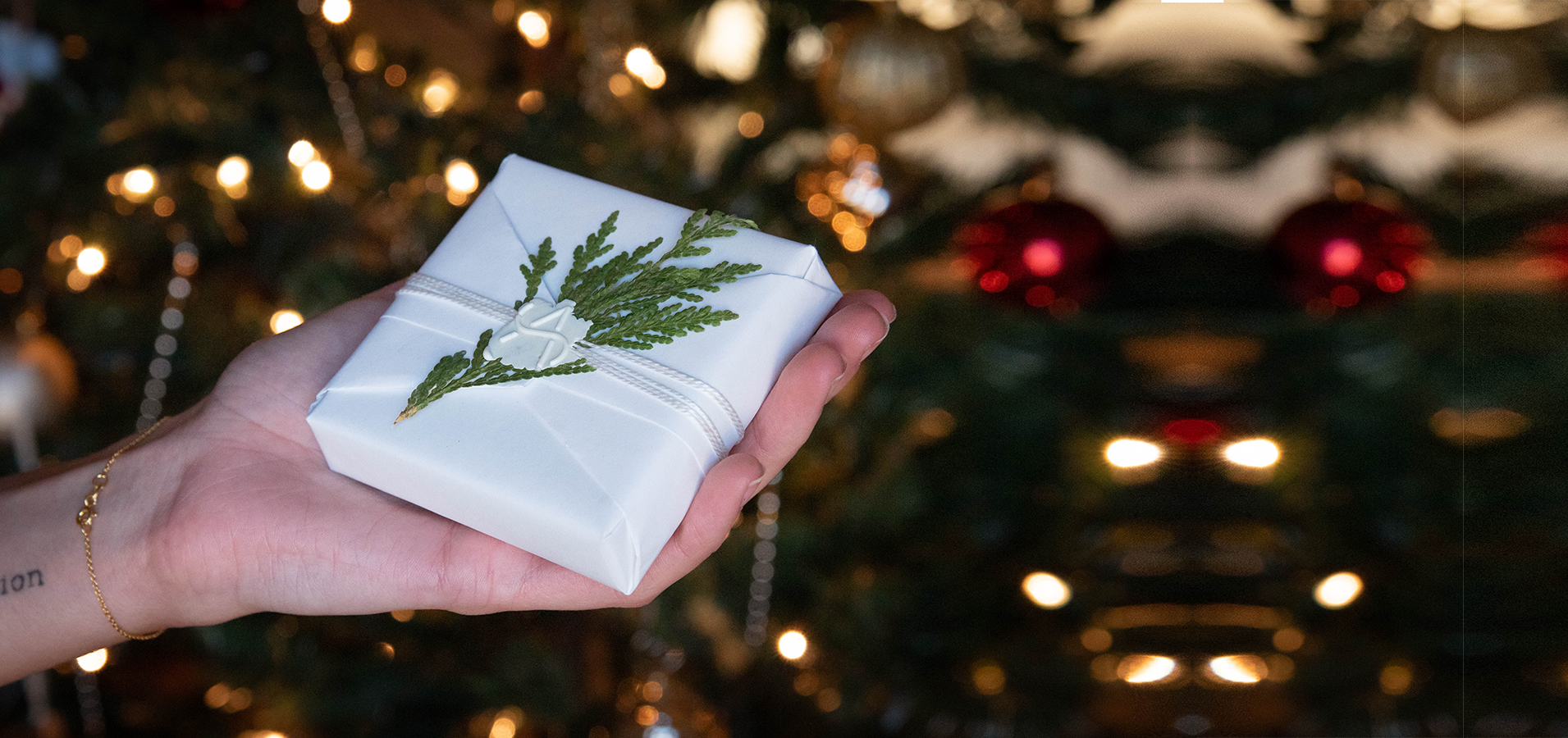 hand holding wrapped jewelry gift box in front of christmas tree