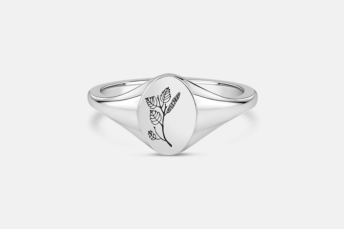 Sterling silver signet ring on a white background engraved with drawing of birch plant.