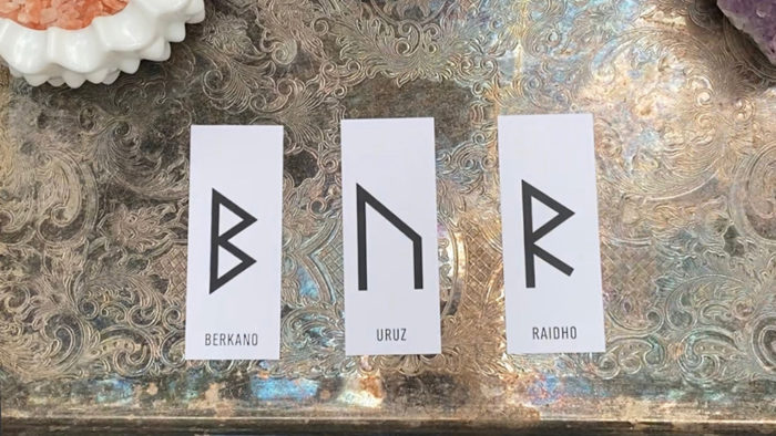 Rune divination reading for November 15 shows three cards: Berkano, Uruz, and Raidho