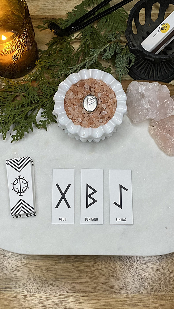 Rune reading for December 20 2021 shows three cards: Gebo, Berkano, and Eihwaz