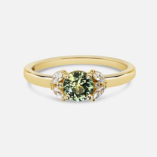 Custom jewelry design green brilliant sapphire engagment ring with diamond accents in 14k yellow gold