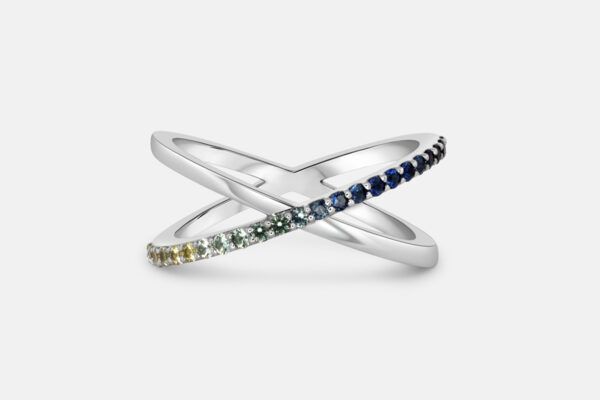 Custom blue sapphire gradient x ring in white gold