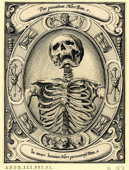 Memento Mori woodcut by Alexander Mair c. 1605. A skeleton; half-length; set in an oval frame with hourglasses and skulls and bones; from a series of six engravings of memento mori.
