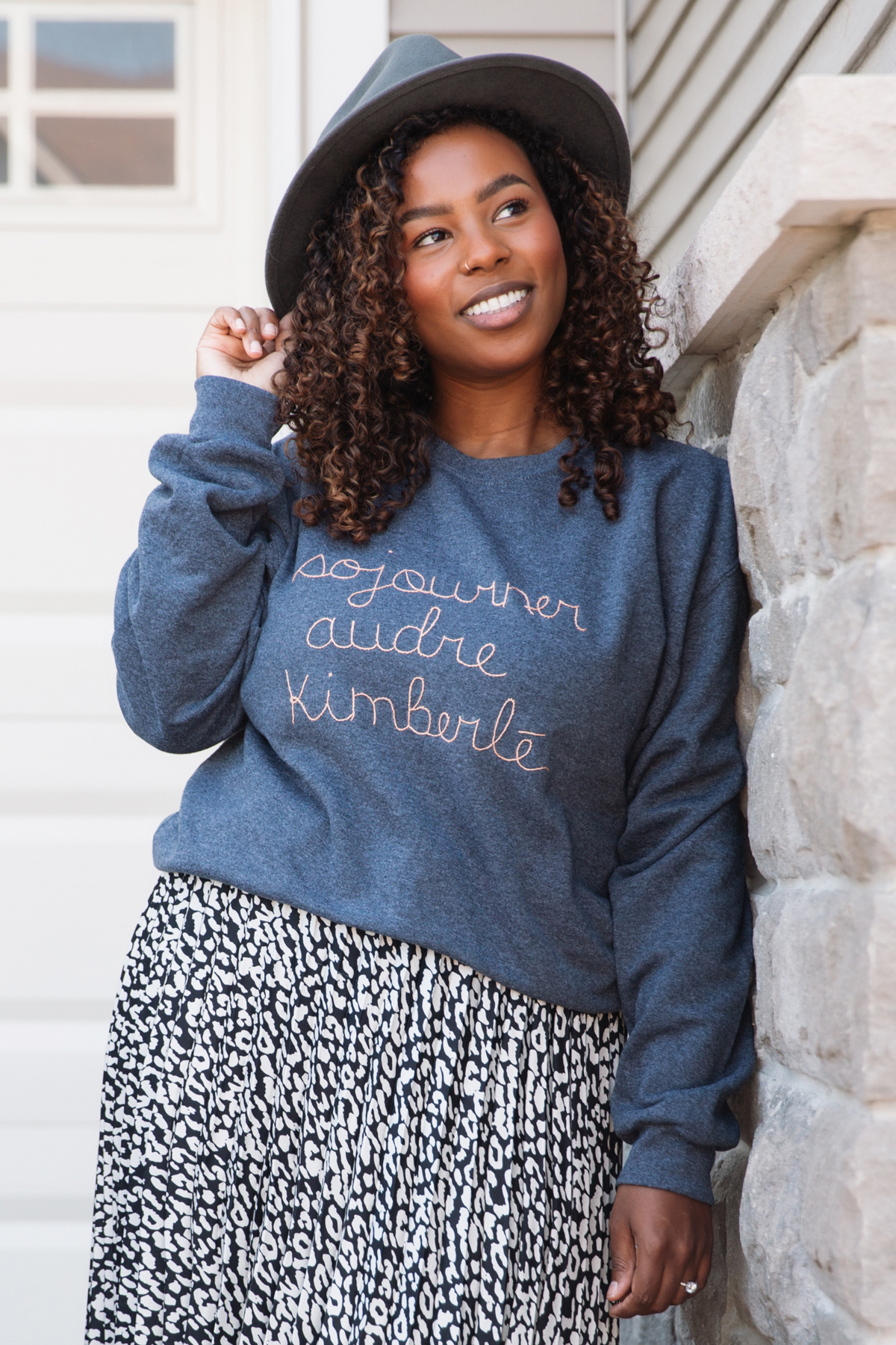 Charcoal grey sweater with names hand-embroidered