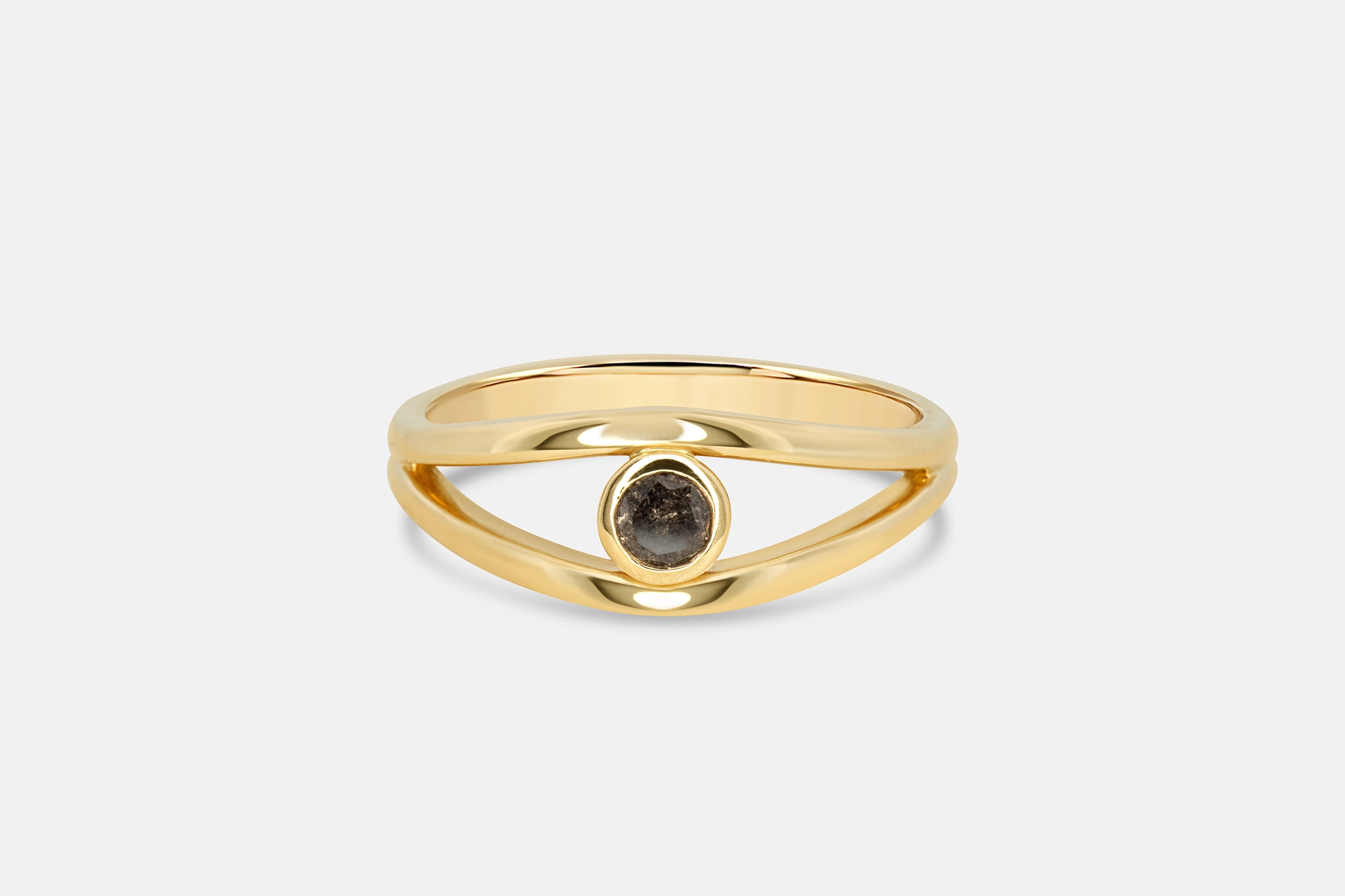 14k gold evil eye ring with grey diamond