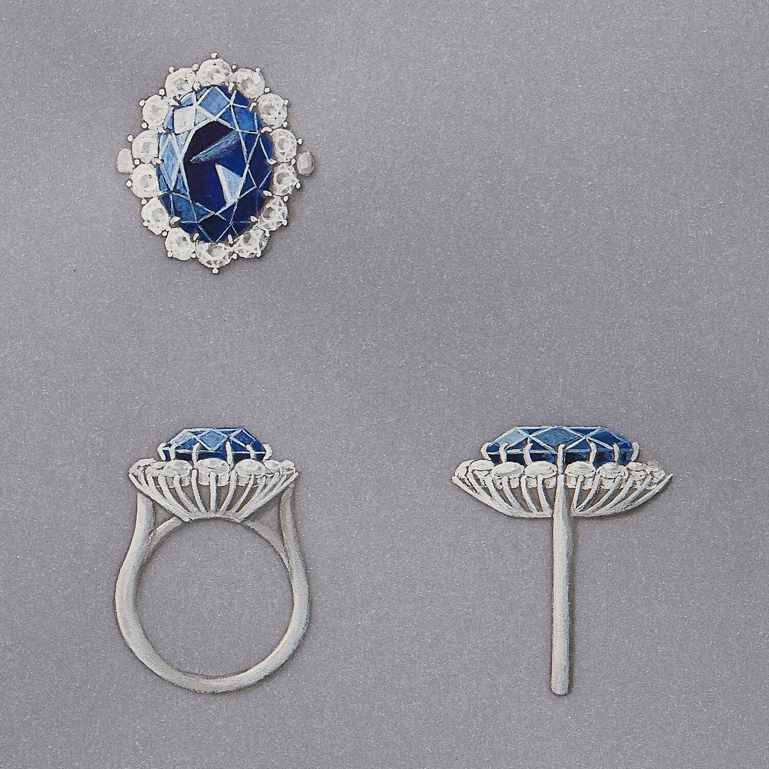 A painted goache drawing of princess diana's sapphire engagement ring by Garrard's