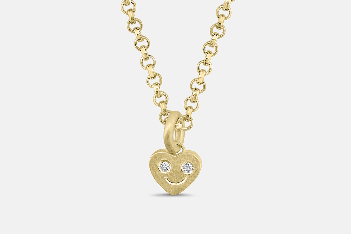 Custom smiley face conversation heart pendant in solid 14k yellow gold