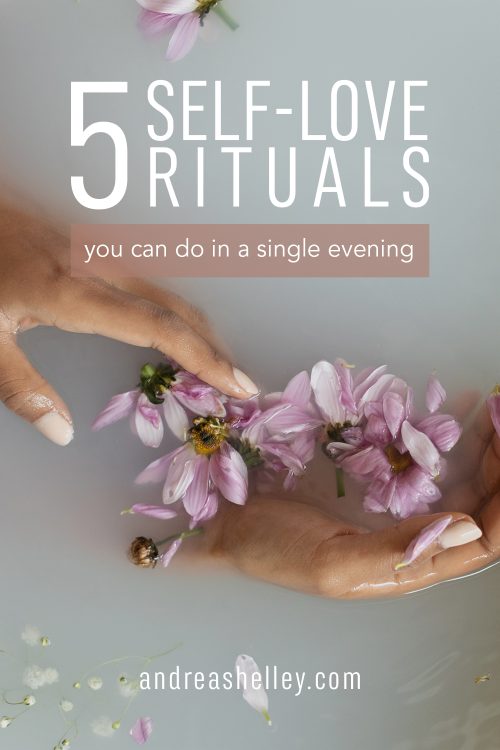 Top image with text: 5 Self-Love Rituals you can do in a single evening.