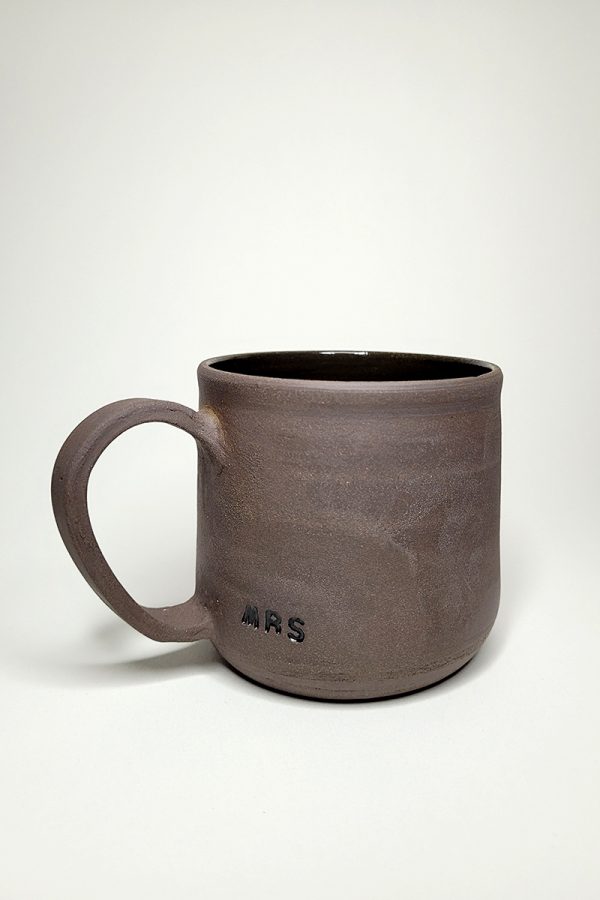 Handmade mug stamped with MRS for wedding gift